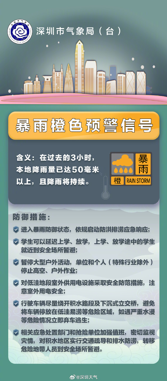 深圳市暴雨黄色预警信号扩展至全市，升级分区暴雨橙色预警信号