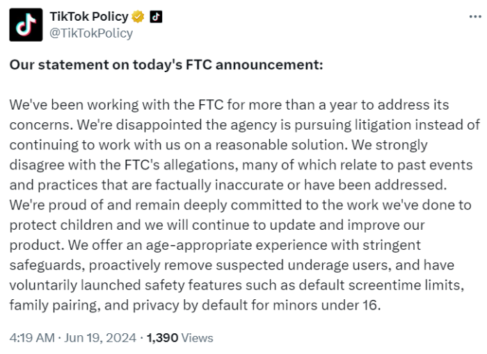美国FTC将针对TikTok的投诉移交美司法部，公司回应：感到失望，强烈反对相关指控