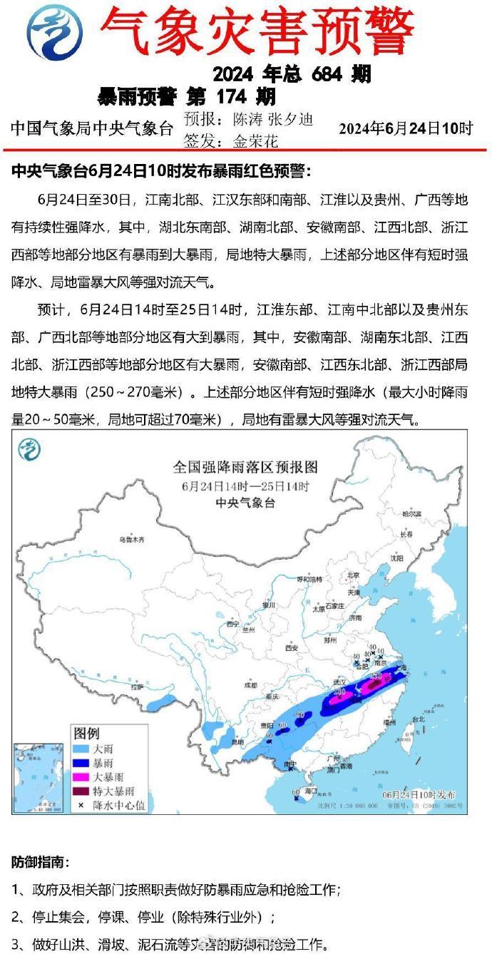 暴雨红色预警：湖北、湖南、安徽、江西、浙江等地部分地区有暴雨到大暴雨